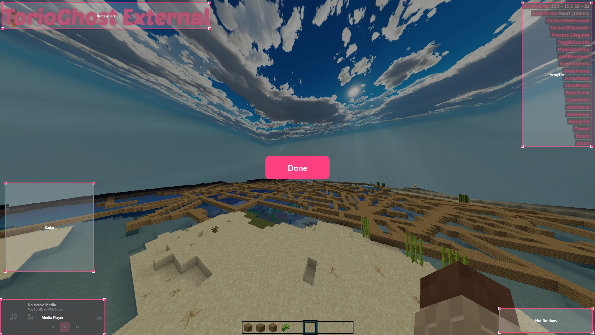 HUD editor with movable Watermark, ArrayList, Radar, Media Player and Notifications boxes