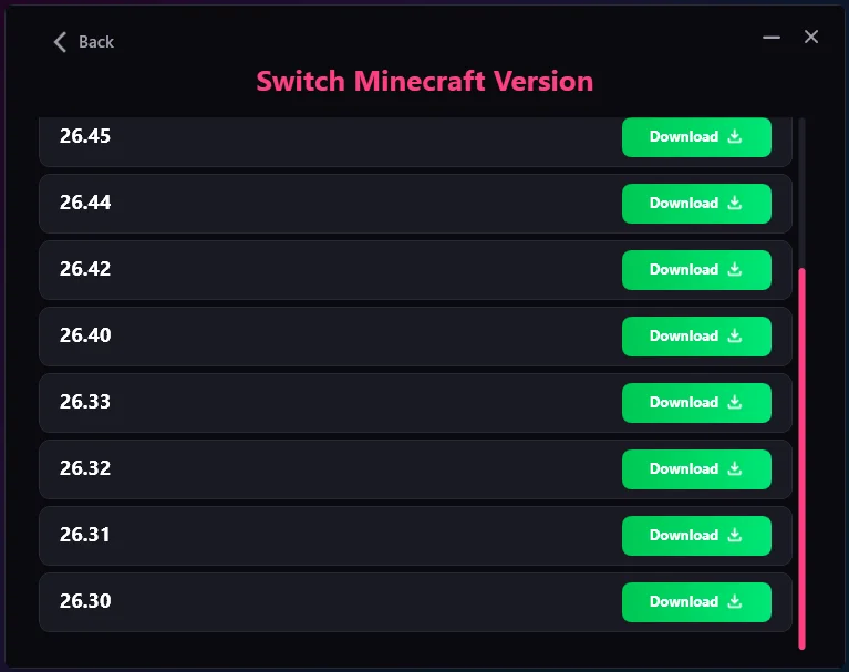 Switch Minecraft Version screen listing versions 26.30 to 26.45
